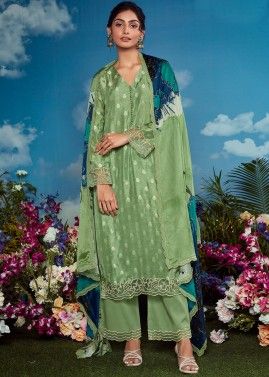 Green Cotton Palazzo Suit In Woven work