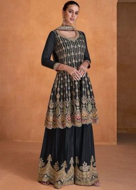 Black Embroidered Flared Palazzo Suit Set