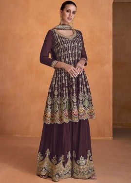 Brown Embroidered Flared Style Palazzo Suit