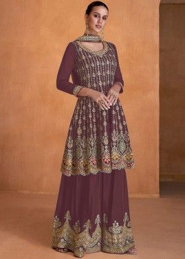 Brown Embroidered Flared Palazzo Suit In Georgette