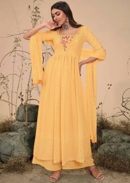 Readymade Yellow Embroidered Palazzo Suit Set