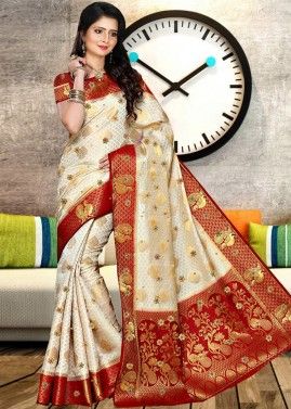 Cream Zari Woven Saree In Kanjivaram Silk