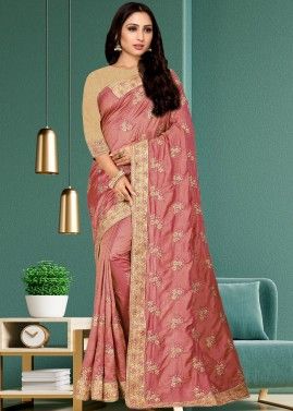 Pink Embroidered Saree In Satin