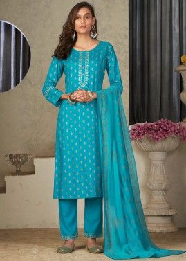 Blue Foil Printed Suit Set In Rayon