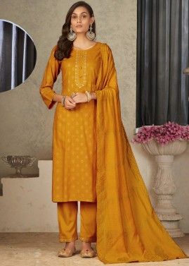 Mustard Yellow Foil Printed Suit Set In Rayon