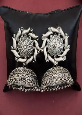 Silver Oxidised Embossed Jhumka Earrings