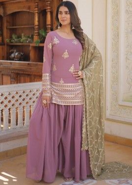 Pink Embroidered Georgette Readymade Sharara Suit