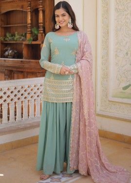Blue Embroidered Readymade Sharara Suit In Georgette 