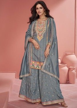 Grey Embroidered Sharara Suit In Organza