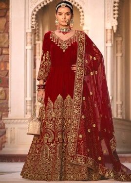 Red Embroidered Bridal Velvet Anarkali Suit