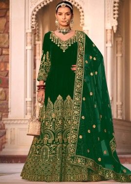 Green Embroidered Anarkali Velvet Suit Set