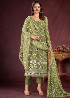 Green Sequins Embellished Pant Suit In Net