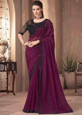 Purple Silk Saree With Thread Embroidery