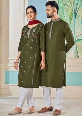 Readymade Green Embroidered Couple Wear Set