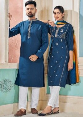 Readymade Teal Blue Embroidered Couple Wear Set