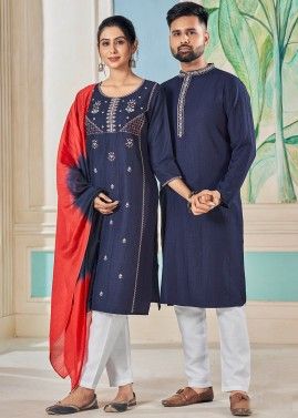 Navy Blue Embroidered Readymade Couple Wear Set