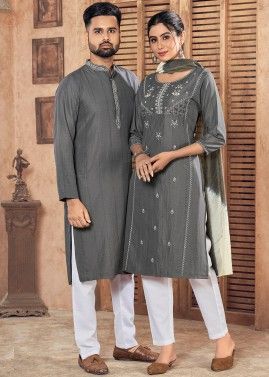 Readymade Grey Embroidered Couple Wear Set