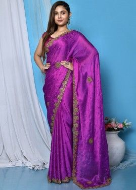 Purple Embroidered Saree In Jacquard