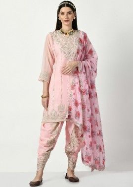 Pink Readymade Embroidered Georgette Dhoti Style Suit