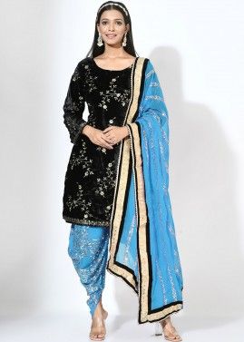 Black Readymade Embroidered Dhoti Style Suit In Velvet