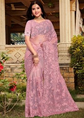 Pink Resham Floral Embroidered Net Saree
