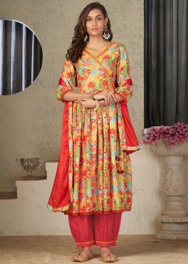 Multicolored Readymade Anghrakha Style Pant Suit In Print