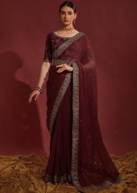 Maroon Sequins Embroidered Saree 