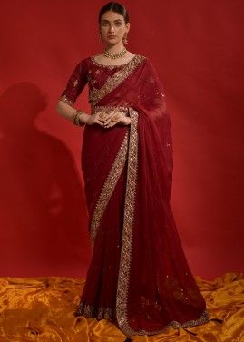 Red Sequins Embroidered Saree 