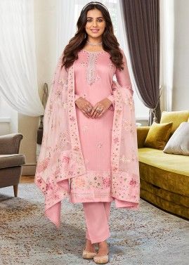Pink Embroidered Pant Suit In Viscose