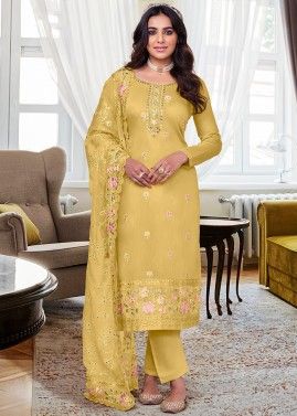 Yellow Embroidered Viscose Pant Suit & Dupatta