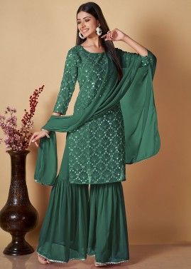 Green Readymade Embroidered Georgette Gharara Suit