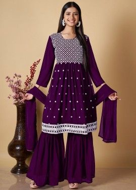 Readymade Purple Embroidered Gharara Suit