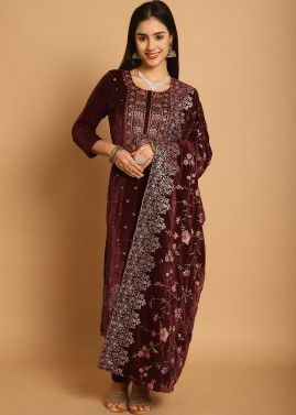 Maroon Embroidered Pant Suit Set In Velvet