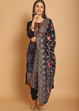 Blue Embroidered Pant Suit Set In Velvet