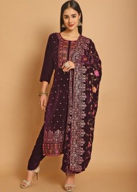 Purple Embroidered Pant Suit Set In Velvet