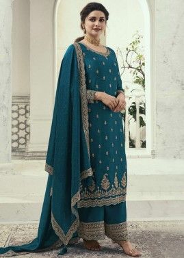 Prachi Desai Teal Blue Embroidered Georgette Palazzo Suit