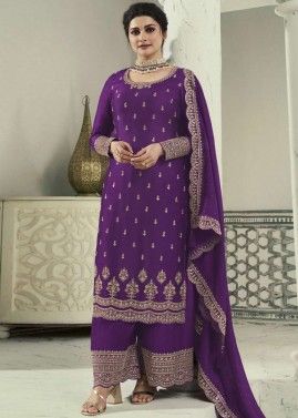 Prachi Desai Purple Embroidered Palazzo Suit In Georgette