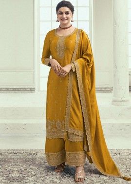 Prachi Desai Yellow Georgette Palazzo Suit In Dori Embroidery