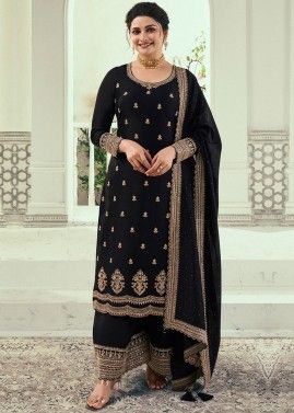 Prachi Desai Black Embroidered Georgette Palazzo Suit