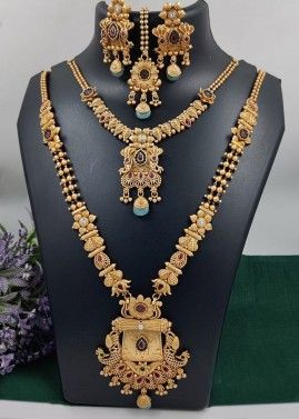 Golden Stone Studded Necklace Set In Double Layered  