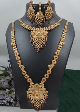 Golden Stone Studded Double Layered Necklace Set