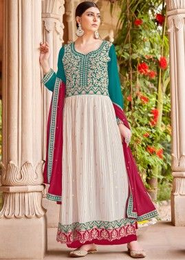 Readymade Sea Green & White Embroidered Palazzo Suit