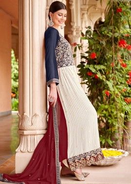 Readymade Navy Blue & White Embroidered Palazzo Suit