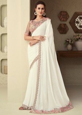 White Embroidered Saree In Silk
