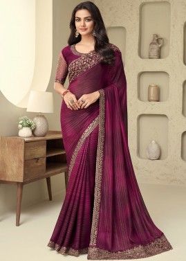 Magenta Shaded Silk Saree In Sequins Embroidery