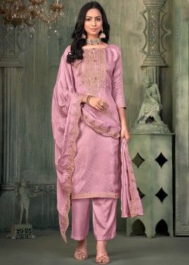 Pink Embroidered Pant Suit In Jacquard