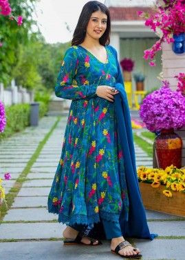 Readymade Blue Floral Print Anarkali Suit