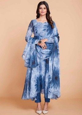 Blue Floral Printed Readymade Anarkali Suit