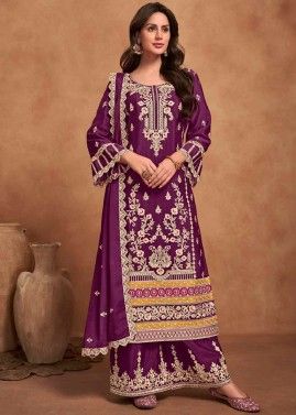 Readymade Purple Embroidered Palazzo Suit Set