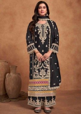 Black Embroidered Readymade Palazzo Suit Set
